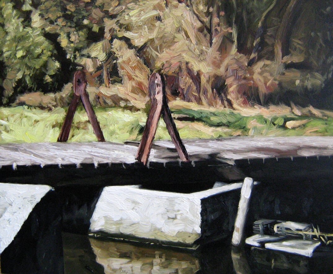 'De brug', Jan Neven, impressie, olieverf op paneel, 30 x 25 cm, 2008