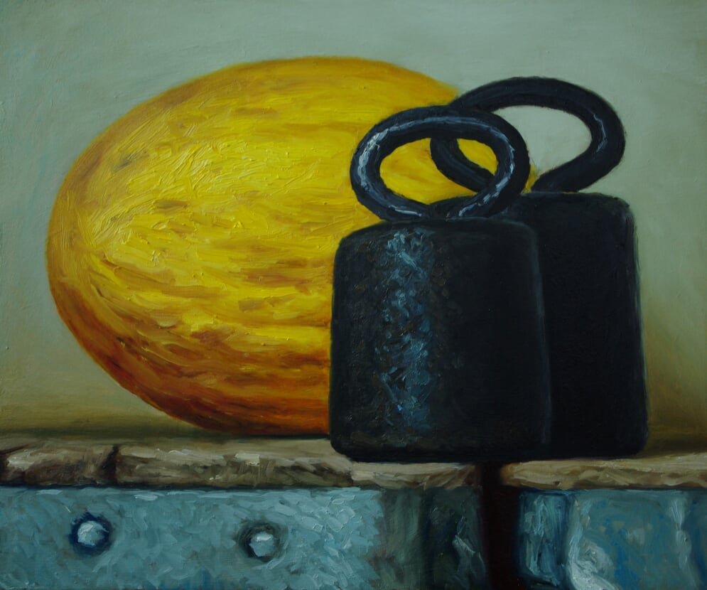 'Honingmeloen met twee gewichten', Jan Neven, olieverf op paneel, 30 x 25 cm, 2018